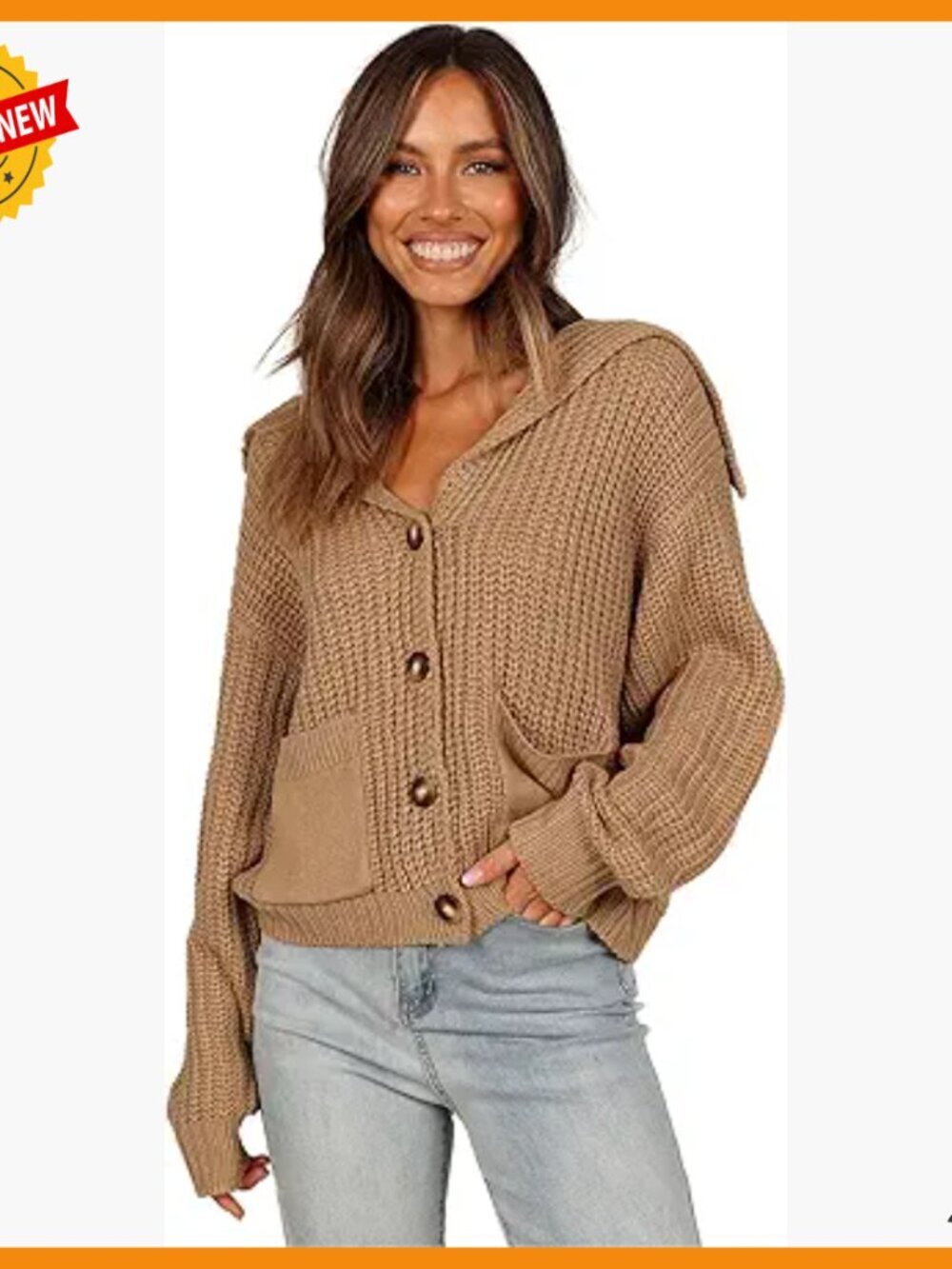 Oversize Collar Button Cardigan, Cropped, Long Sleeves, Pockets